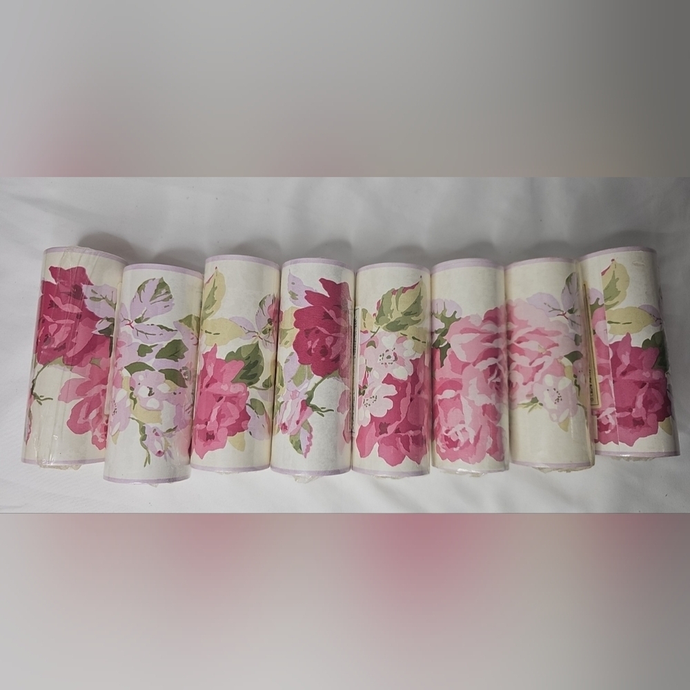​Vtg LAURA ASHLEY HOME Wallpaper Border Pink Rose Floral Lot of 8 Sealed NOS